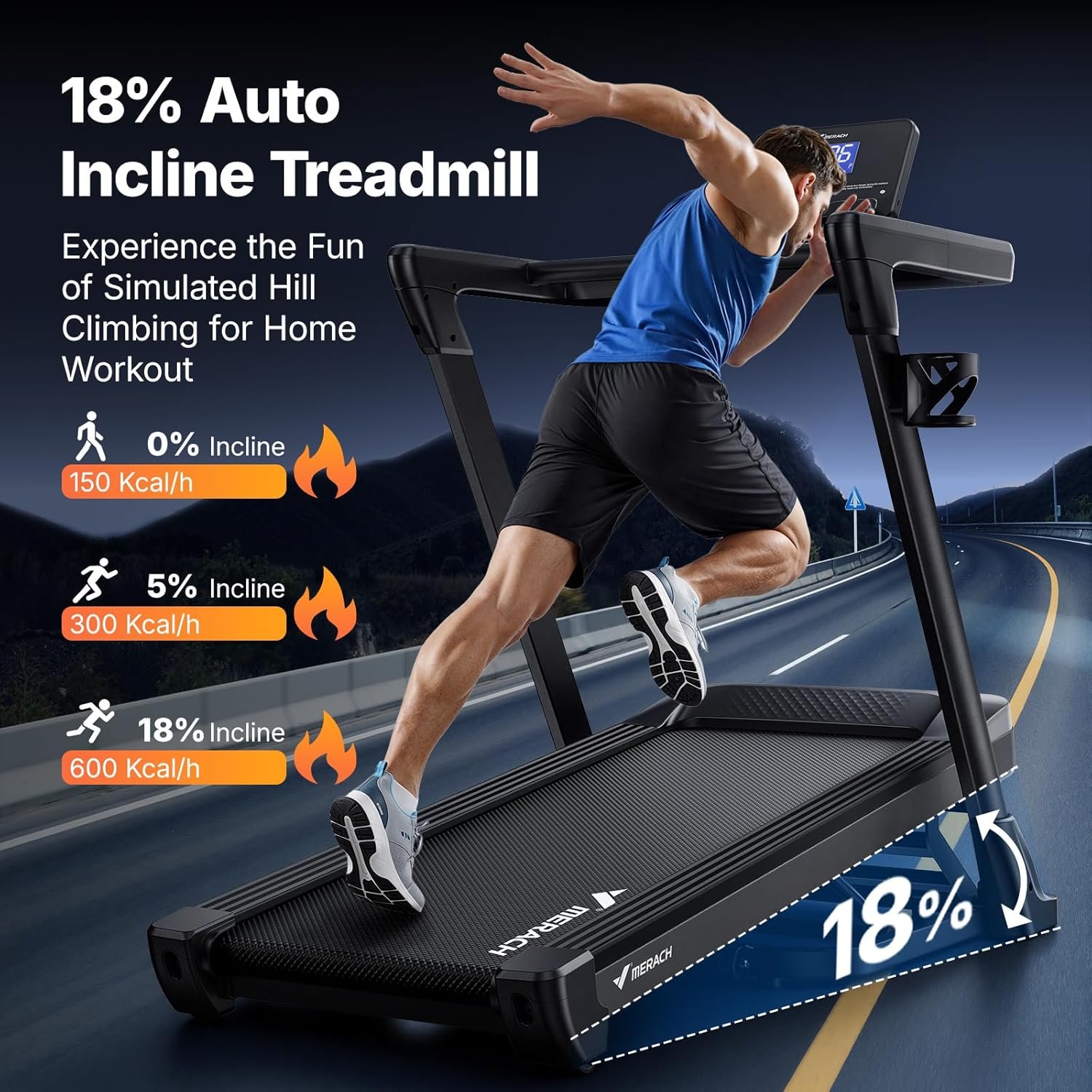 MERACH Treadmill 55″ Belt with 18% Auto Incline